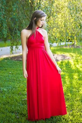Beautiful bright red jersey A line long multiway bridesmaid prom dress