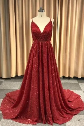 lipstick red glitter open back V neck floor length A line prom formal dress
