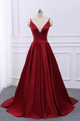 simple dark red satin spaghetti straps open back floor length A line prom dress