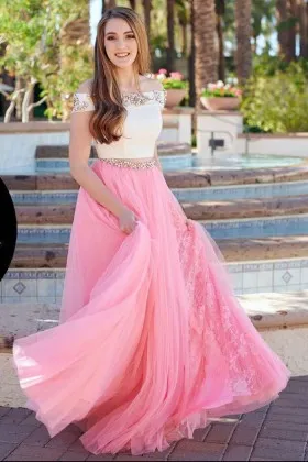 Beautiful white rhinestones two piece pink tulle designer long prom dress