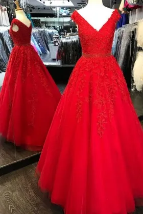 Beautiful red lace appliqued tulle classic A line long formal gown