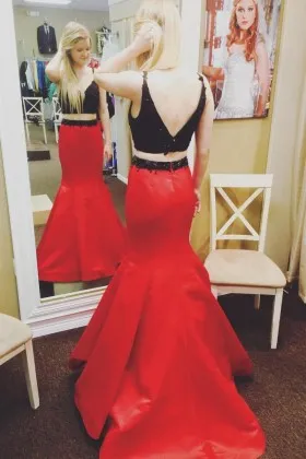 Modern black and red satin two piece mermaid long prom gown