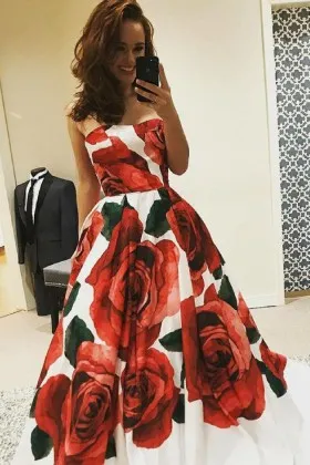 Huge red rose floral printed strapless white satin designer long prom dress