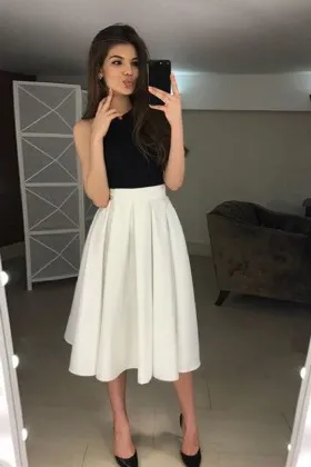 Simple black and white tea length crew neck sleeveless A line prom dress