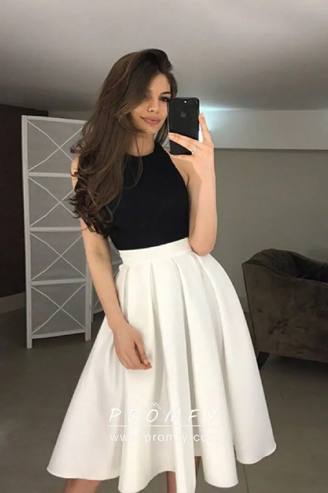 Simple Black and White Tea Length Crew Neck Sleeveless Aline Prom Dress