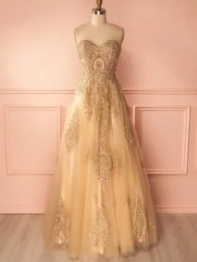 Sparkly beaded lace appliqued gold tulle puffy A line long prom dress