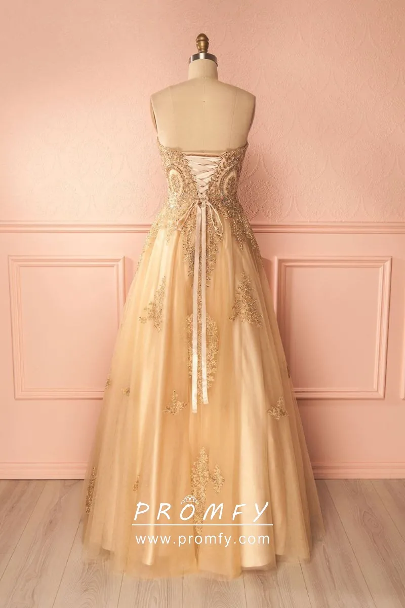 Sparkly Beaded Lace Gold Tulle A-line Prom Dress - Promfy