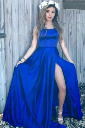 Royal blue satin simple scoop neck open back high slit long prom dress