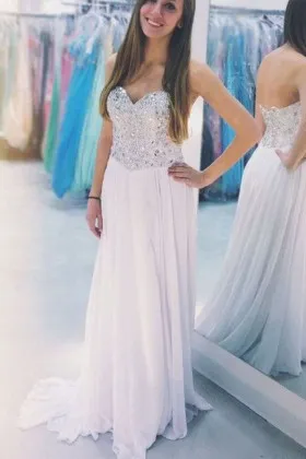 bedazzled beading strapless sweetheart off white chiffon A line prom dress