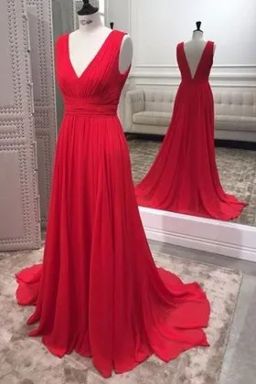 Pleated red chiffon V neck and V back simple floor length A line prom dress