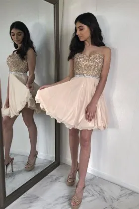 Asymmetrical Champagne Nude Satin Short Party Dress - Promfy