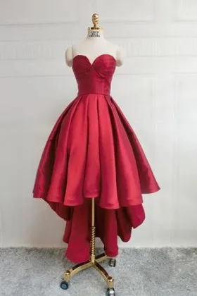 Cheap crimson red satin strapless sweetheart high low ball gown prom dress