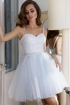 Off white lace and tulle strapped short cocktail homecoming dress