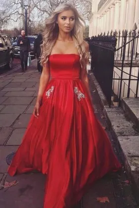 Designer simple red satin strapless puffy long prom dress with beaded pocket
