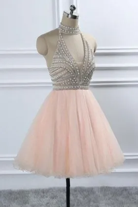 halter plunging V neck beaded top with pink tulle skirt cocktail dress