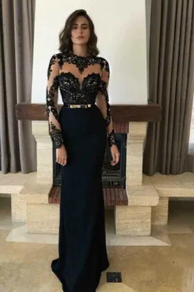 Vintage inspired illusion lace bodice and long sleeve long evening dress