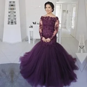Vintage inspired plum lace and tulle off shoulder trumpet evening formal gown