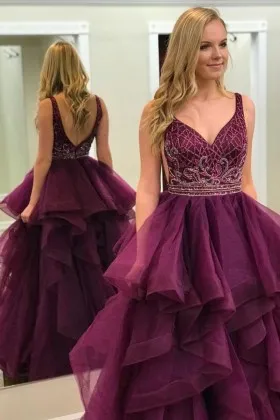 Beaded plum tiered tulle ball gown long prom dress
