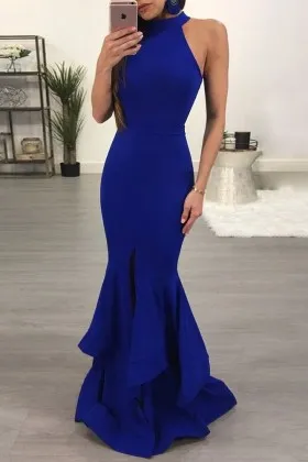 Elegant cobalt blue spandex ruffled mermaid halter long prom dress