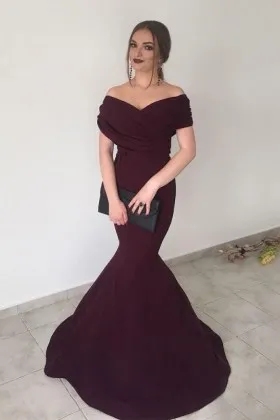 Elegant plum spandex off the shoulder mermaid trumpet floor length formal dress