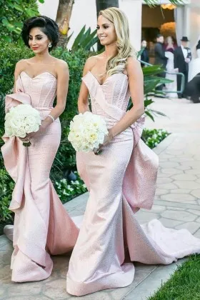 Unique asymmetrical ruffled baby pink strapless mermaid bridesmaid dresses