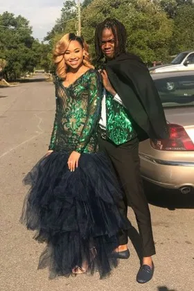 Sparkly green sequin and black tulle drop waist African American prom dress