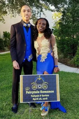 Sexy see through gold lace and royal blue two tone African American prom dress