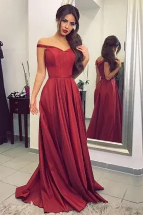 Allure blood red satin off the shoulder A line long evening prom dress