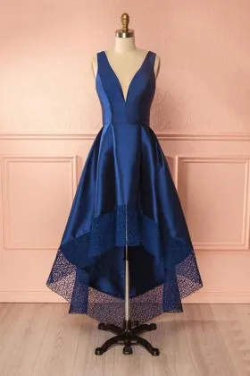 Unique navy blue satin and lace plunging neckline high low prom dress