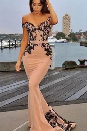 black lace appliqued of the shoulder champagne nude mermaid prom dress