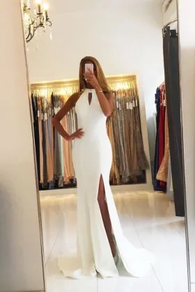 Ivory spandex keyhole halter neck mermaid prom dress with side slit