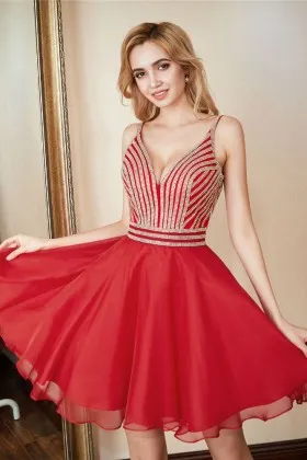 Beautiful striped beading red chiffon short A line cocktail homecoming dress
