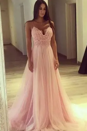 Blush lace and tulle neat A line long prom dress with spaghetti straps