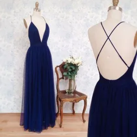 Sexy yet simple dark blue tulle open back plunging neckline prom party dress