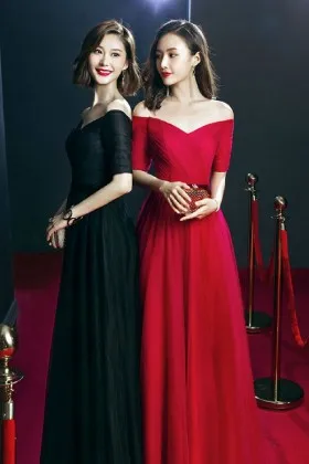 Elegant elbow length sleeve redblack tulle off the shoulder formal dress