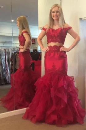 scalloped crimson lace appliqued ruffled tulle two piece trumpet prom gown