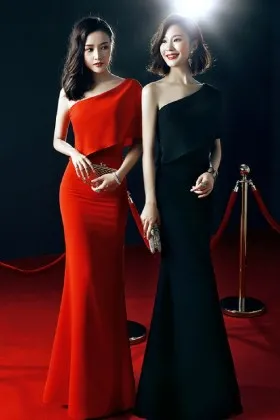 Feminine asymmetrical one shoulder redblack long evening formal dress