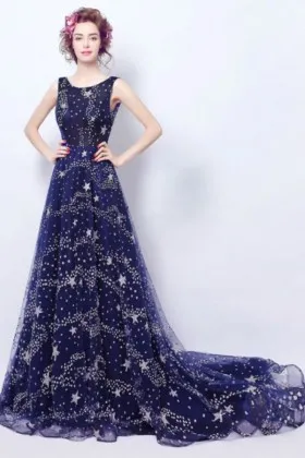 Bedazzled starry beaded space blue prom dress with long train