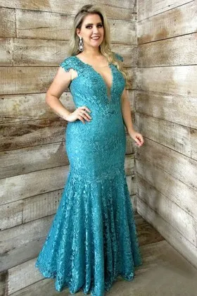 Delicate cyan lace drop waist mermaid plus size prom formal dress