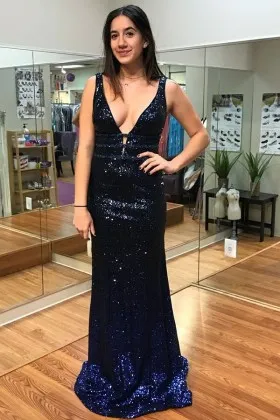 Sexy navy blue sequin plunging neckline fit and flare long prom dress