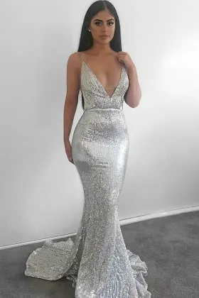 sexy silver sequin plunging neckline backless mermaid prom dress