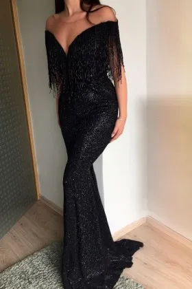 Exclusive black tassel and sequin off the shoulder mermaid formal dress