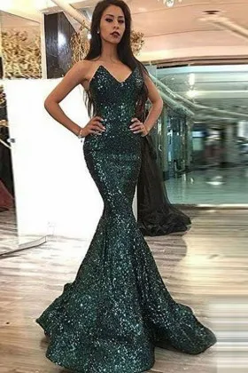 Unusual strapless V neck dark green sequin mermaid formal gown