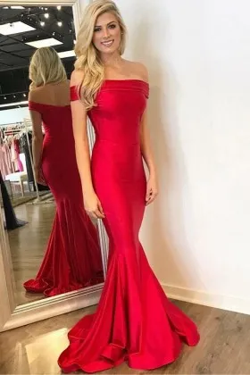 Feminine red stretchy satin off the shoulder long mermaid long party dress