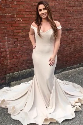 off the shoulder cream spandex mermaid prom dress with flounced long train