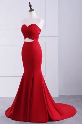strapless sweetheart cut out waist red stretch satin mermaid long formal dress