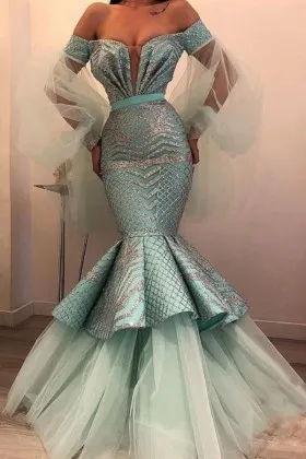 Sparkly unique glitter appliqued dusty green satin and tulle mermaid prom dress