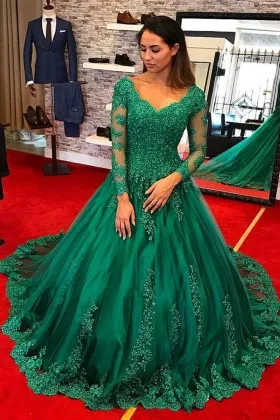 Classic green lace and tulle V neck ball gown with illusion long sleeves