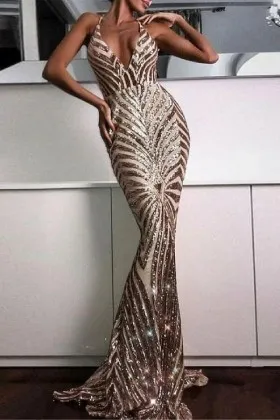 Sparkly bronze gold striped sequin V neck mermaid long prom dress