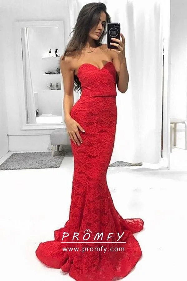 Strapless Red Lace Empire Waist Mermaid Prom Dress - Promfy